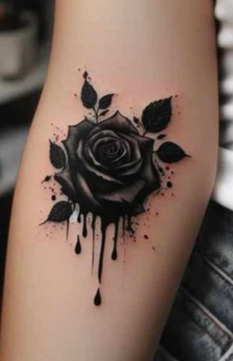 Black Rose Wrist Tattoo, Black And White Realism Tattoos Women, Black Rose And Butterfly Tattoo, Creepy Rose Tattoo, Inner Bicep Cover Up Tattoo, Spooky Shoulder Tattoo, Flower Shading Tattoo, Hip Tattoos Women Cover Up, Old School Rose Tattoo Black