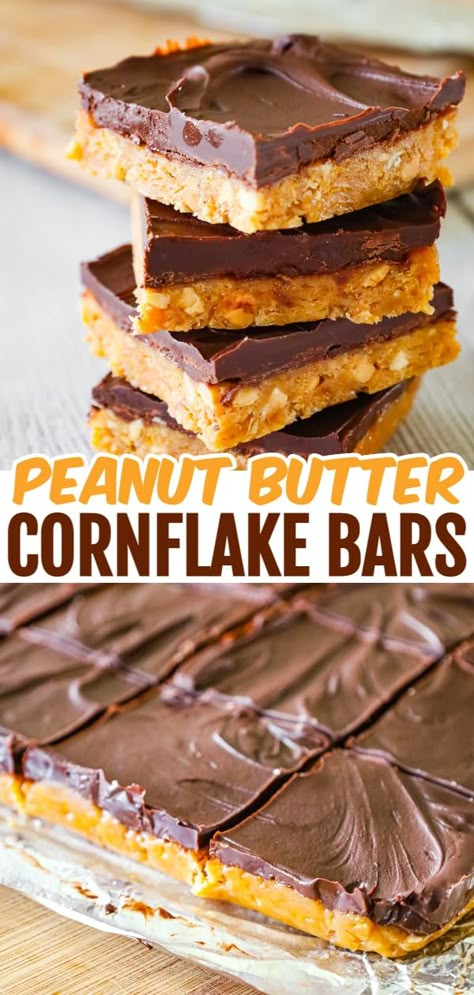 Peanut Butter Cornflake Bars are a decadent chocolate peanut butter dessert recipe made with corn syrup, crunchy peanut butter, crumbled cornflakes cereal and semi sweet chocolate chips. Peanut Chip Recipes, Cornflake Squares Peanut Butter, Peanut Butter And Corn Flakes Bars, Corn Flakes Chocolate Peanut Butter, Apple Cornflake Bars, Peanut Butter Corn Flake Bars, Peanut Butter Cereal Bars Corn Flakes, Peanut Butter Corn Syrup Cereal Bars, Peanut Butter Crunchies