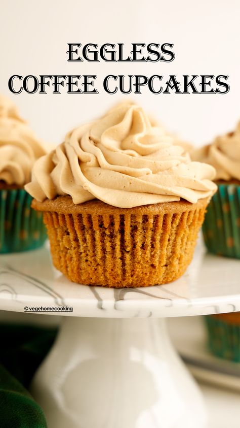 These Coffee Cupcakes are tender, moist, fluffy, and have perfect and delicious coffee flavor. They are eggless, buttery, have soft crumbs, and are topped with light coffee whipped cream frosting! Eggless Cupcakes Recipes, Chai Cupcake Recipe, Chocolate Coffee Cupcakes, No Egg Recipes, Egg Free Cupcakes, Cupcakes Eggless, Eggless Dessert Recipes, Eggless Cupcakes, Coffee Whipped Cream