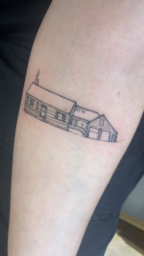 Small House Tattoo, Baker Tattoo, Building Tattoo, Tattoo House, Tattoo Meaningful, Lake Tattoo, House Tattoo, Fine Line Tattoo, Line Tattoo