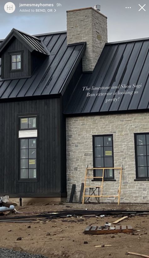 Ledger Stone House Exterior, New Build Modern Farmhouse, Covered Walkway Between House And Garage, Dark House With Stone, Black House With White Brick, Limestone House Black Trim, Stone And Dark Siding Exterior, Dark Siding With Stone Exterior, Black Exterior Farmhouse Ideas