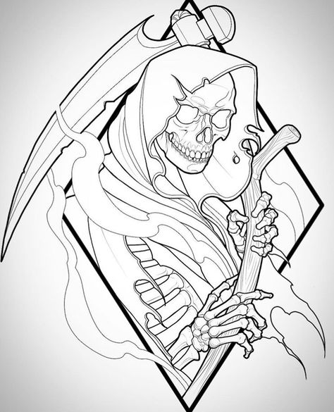 ohlatpz Flash Art Tattoos, Grim Reaper Drawing, Reaper Drawing, 천사와 악마, Grim Reaper Tattoo, Reaper Tattoo, Graffiti Tattoo, Skulls Drawing, Tattoo Stencil Outline