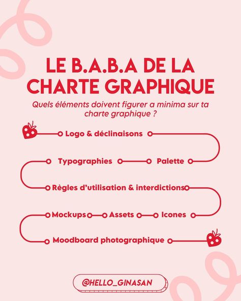 QUE DOIT CONTENIR TA CHARTE GRAPHIQUE ? 🍓 Le terme charte graphique est souvent utilisé à tort comme synonyme d’identité visuelle. Pourtant, la charte graphique n’est pas ton identité visuelle ! C’est un guide référentiel qui regroupe tous les éléments de ton identité visuelle afin de l’utiliser correctement sur tes supports. ➡️ La charte graphique ne se résume pas uniquement à une page qui présente ton logo, tes couleurs et tes typographies Logo D, Brand Book, Un Logo, Brand Identity Design, Design Graphique, Brand Designer, Identity Design, Art Director, Insta Art