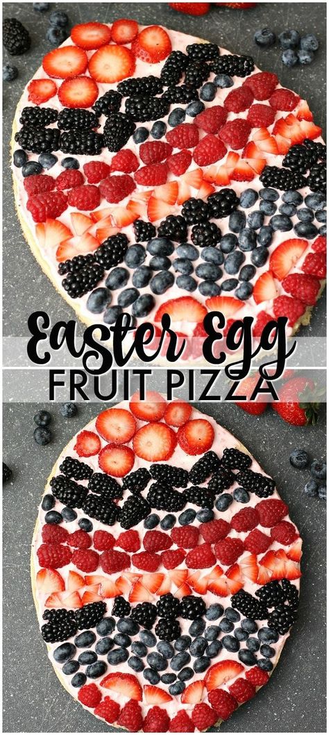 A sugar cookie base with a strawberry cream cheese frosting topped with fresh berries makes the perfect Easter Egg Fruit Pizza. Fun to decorate with the kids! | www.persnicketyplates.com Egg Fruit Pizza, Easter Egg Fruit Pizza, Egg Fruit, Pizza Sugar Cookie, Pizza Dessert, Strawberry Cream Cheese Frosting, Fruit Pizza Sugar Cookie, Easy Easter Desserts, Pastas Recipes