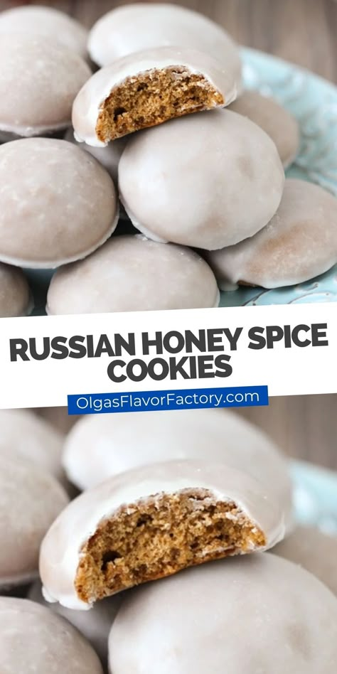 Russian Gingerbread Cookies, Honey Spice Cookies, Russian Honey Cookies, Russian Holiday Food, Russian Mennonite Recipes, Russian Baking Recipes, Russian Baked Goods, Russian Christmas Cookies, European Baked Goods