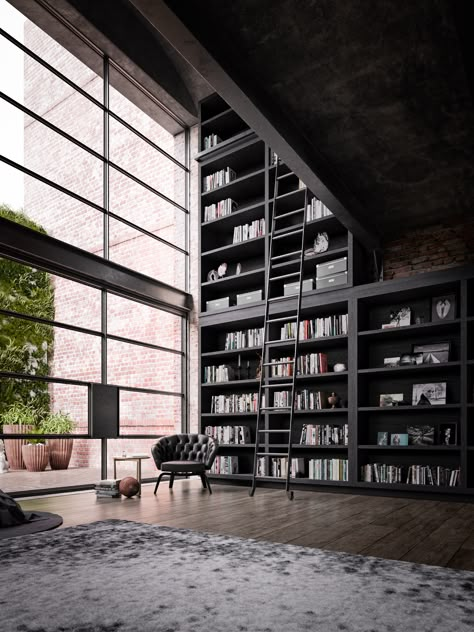 Loft Interior, Home Library Design, Dark Interiors, Dream House Rooms, Loft Design, Design Room, Library Design, Home Room Design, Home Library