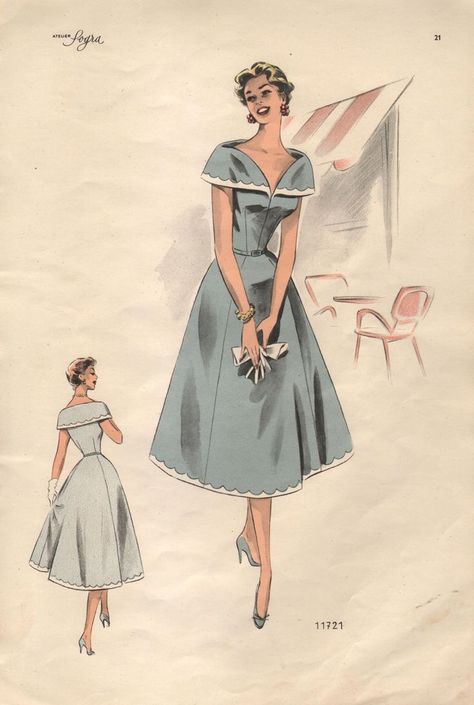 1950s gave trapese look a bit wider in the top but the bottom of the dress is bigger and flow. 1950s Fashion Sketches, 19502 Fashion, 1950s Fashion Plates, 1959s Fashion, 50s Aesthetic Fashion, 1950 Fashion Women, 1950s Womens Fashion, 1950s Fashion Illustration, Vintage Clothes Patterns