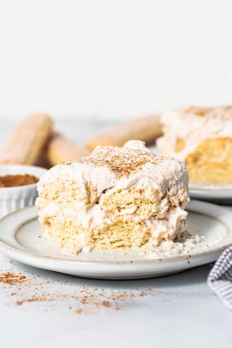 This eggnog tiramisu is the perfect holiday dessert. Made with marscapone, eggnog, lady fingers, and a few more ingredients. Eggnog Tiramisu Recipe, Lady Finger Desserts, Eggnog Tiramisu, Eggnog Dessert Recipes, Lady Fingers Dessert, New Year Desserts, Eggnog Dessert, Finger Desserts, Holiday Eggnog