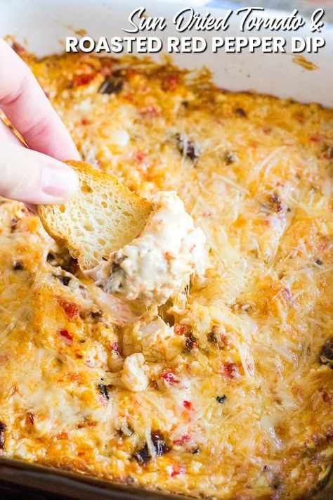 You’ll never need another dip recipe once you try this crazy good Sun-Dried Tomato & Roasted Red Pepper Dip! It's the hit of any party and so easy to make! #BreadBoozeBacon #appetizer #dip #gameday Roasted Red Peppers Recipes, Sundried Tomato Recipes, Sundried Tomato Dip, Tomato Roasted, Gameday Food, Red Pepper Recipes, Roasted Red Pepper Dip, Bread Booze Bacon, Pepper Dip