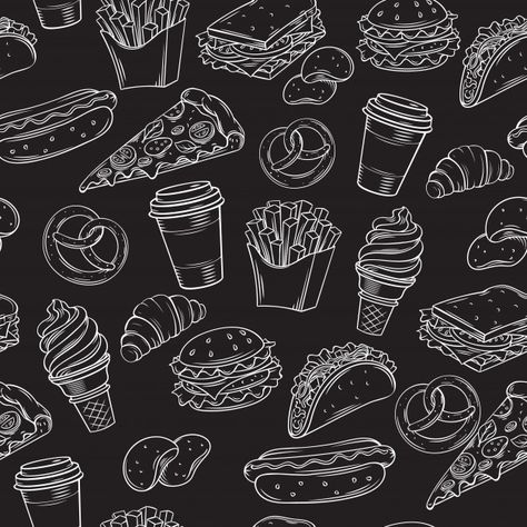 Fast food seamless pattern with | Premium Vector #Freepik #vector #background #pattern #food #vintage Fast Food Background, Food Black And White, Background For Food, Fast Food Nutrition, Black And White Food, Food Background Wallpapers, Cat Pattern Wallpaper, Food Vintage, Background Food