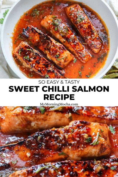 Here's+how+to+make+pan-fried+sweet+chilli+salmon+in+20+minutes!+This+dish+is+perfect+for+last-minute+dinners+and+the+flavours+are+so+good.+via+@MyMorningMocha Salmon Recipes Sweet Chili, Sweet Chili Fish Recipes, Sweet Chili Salmon Recipes, Salmon With Chili Sauce, Sweet Chilli Salmon Recipes, Sweet Chili Glazed Salmon, Honey Chili Salmon, Sweet Chilli Shrimp Recipe, Sun Dried Tomato Salmon Recipes