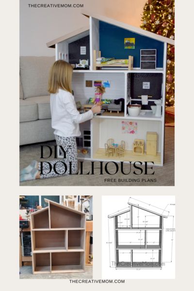 DIY Dollhouse with free building plans - The Creative Mom Giant Dollhouse Diy, Wooden Doll House Plans, How To Build A Barbie Doll House, Diy Wooden Barbie House, Free Dollhouse Plans, Dollhouse For Barbie Dolls, Barbie Doll House Ideas Easy Diy, Build Dollhouse Diy, Diy Dollhouse For Barbie