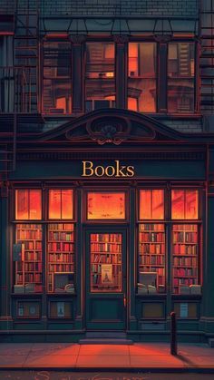 Bookstore Wallpaper, Old Bookstore Aesthetic, Vintage City Aesthetic, Book Store Illustration, Bookstore Painting, Bookstore Illustration, Bookstore Window, Old Book Store, Vintage Book Store