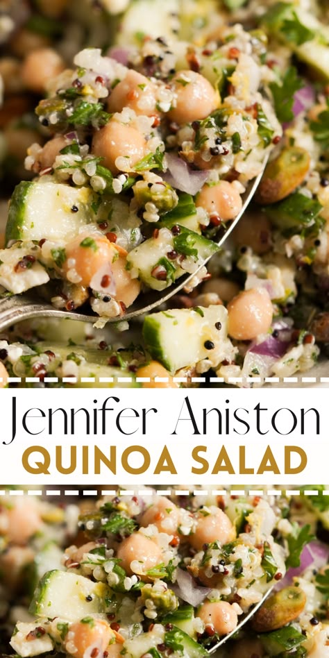 Jennifer Aniston’s Quinoa Salad took the internet by storm for good reason! Made with quinoa, garbanzo beans, feta cheese, pistachios, fresh herbs, and a simple lemon vinaigrette … this flavorful and crunchy salad is one of the best I’ve ever had. Packed with plant-based protein, fiber, and healthy fats … this lettuce-less salad is just as nutritious as it is delicious. Perfect for a healthy dinner, lunch, or meal prep! Best Quinoa Salad Recipes, Low Fat Salads, Garbanzo Beans Salad, Summer Pasta Dishes, Gourmet Salad, Crunchy Salad, Quinoa Healthy, Quinoa Salad Recipes, Lemon Vinaigrette