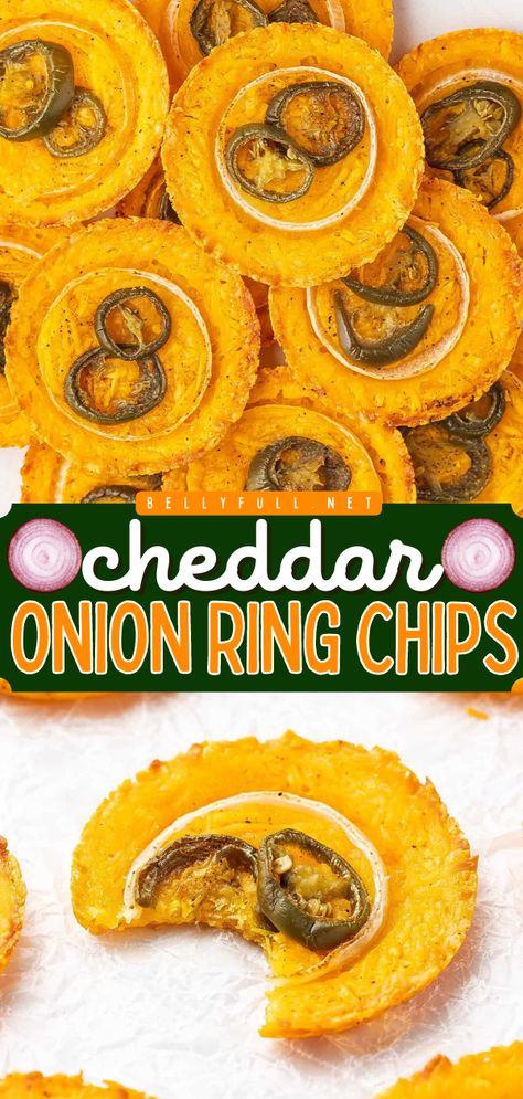 Don't miss out on this easy snack idea with just 4 ingredients! It's a wonderful alternative to deep fried onion rings and potato chips. Not only are these Cheddar Onion Ring Chips tasty, but they are also low-carb! Onion Crisps, Onion Appetizers, Fried Onion Rings, Baked Onions, Onion Ring, Vegetable Chips, Cheese Crisps, Low Carb Snack, Appetizer Bites