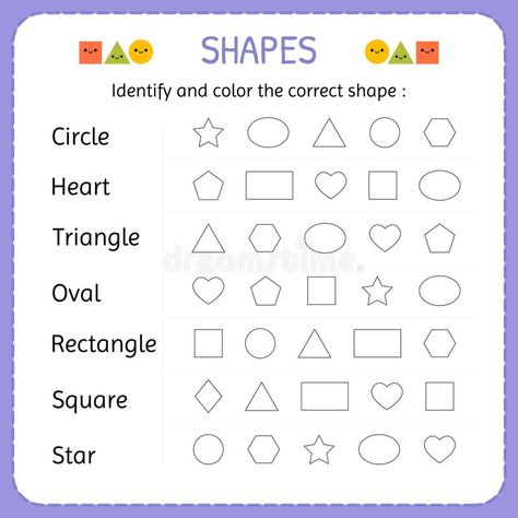 Identify and color the correct shape. Learn shapes and geometric figures. Preschool or kindergarten worksheet. Vector illustration royalty free illustration Shapes Worksheet Kindergarten, Learn Shapes, Creative Worksheets, Shape Chart, English Learning Books, Printable Shapes, Pattern Worksheet, Free Preschool Worksheets, Preschool Colors