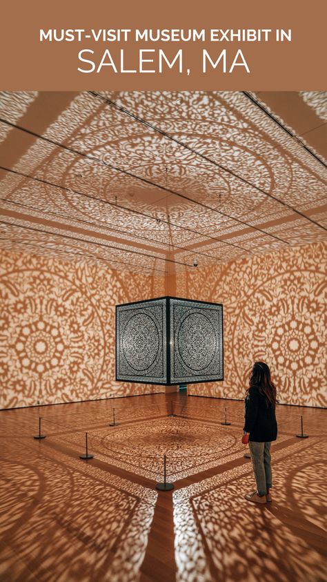 Did you know this magical exhibit is located in Salem, MA at the Peabody Essex Museum? 🕋✨ [All The Flowers Are For Me, by Anila Quayyum Agha] An empty room is transformed into a sacred space filled with beauty & elegance. A 600 pound laser-cut steel cube suspended from the ceiling and illuminated by a single bulb casts intricate shadows across the walls & all the people who enter the gallery! Peabody Essex Museum, Salem Art, Museum Exhibit, Laser Cut Steel, Salem Ma, Salem Massachusetts, Empty Room, Museum Exhibition, Sacred Space