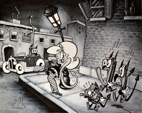 Shawn Dickinson Art Shawn Dickinson Art, Shawn Dickinson, Rubber Hose Animation, Goth Kitty, 1930s Cartoons, Rockabilly Art, Vintage Cartoons, Rubber Hose, Lowbrow Art