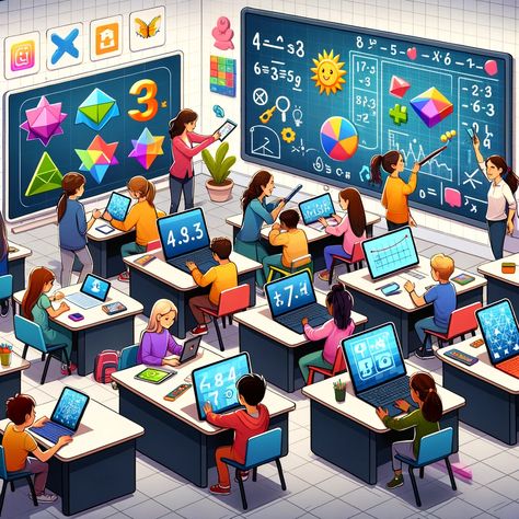 Students using laptops and tablets in a classroom with colorful math concepts on smartboards. Technology In Classroom, Technology In Education, Technology Lessons, Jan 2025, Communication Technology, Still Picture, Technology In The Classroom, Technology Integration, Education Technology