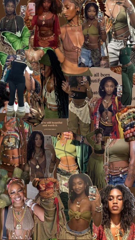 Earthy Boho Fashion, Hippie Black Femininity Aesthetic, Earthly Girl Aesthetic, African Woman Aesthetic, Earthy Outfits Aesthetic Black Woman, Dark Earthy Aesthetic Outfits, Earthy Style Aesthetic, Earthy School Outfits, Earthy Clothes Aesthetic