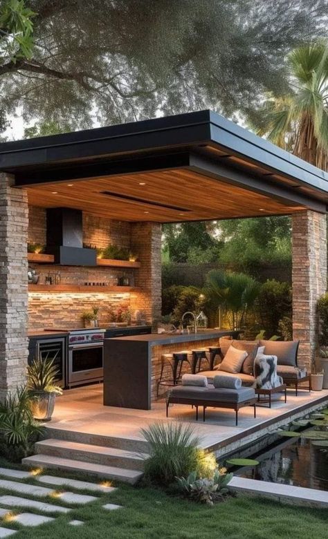 Pool And Bbq Area Ideas, Outdoor Kitchen Roofing Ideas, Bbq Pergola Ideas Grill Area, Bbq Pool Area, Pool Side Gazebo, Outdoor Ideas Backyard, Covered Outdoor Patio Ideas, Backyard Bar And Grill, Outdoor Barbecue Area