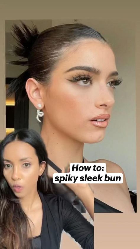 Slick Back Model Bun, Slicked Back Straight Hair Prom, Slik Hairstyles High Bun, Slick Back 90s Hair, Sleek Claw Clip Bun, Round Face Slick Hair, Spiky Bun For Long Hair, Trendy Slick Back Hairstyles, Slick Bun Long Hair