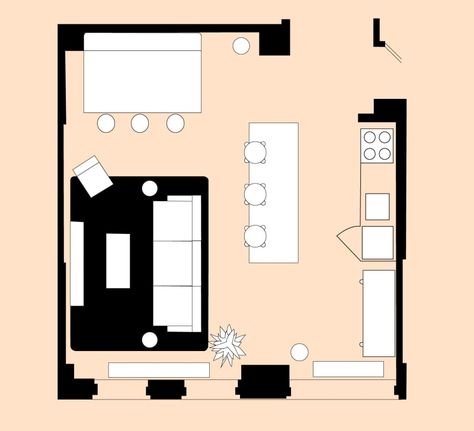 4 Living Room Layout For a Small Open-Plan Space Open Space Living Room And Kitchen Square, Living Room With Kitchen And Dining Area, Living And Dinner Room Ideas, Sofa Open Plan Kitchen, Open Living Room Layout Apartment, Small Living Room Ideas With Dining Area And Kitchen, Square Kitchen Dining Living Room Layout, Couch Separating Dining Room, Couch Back To Kitchen