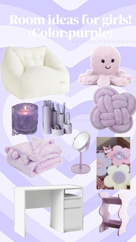 Lavender Purple Room Aesthetic, Room Decor Ideas Purple Theme, Pastel Purple Aesthetic Bedroom Ideas, Teen Girl Purple Bedroom Ideas, Room Ideas Aesthetic Light Purple, Purple And White Room Ideas, Lilac Purple Room Aesthetic, Light Purple Dorm Room Ideas, Room With Purple Walls