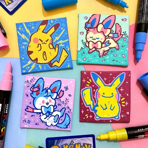 Posca Art On Canvas, Acrylic Paint Pen Drawings, Painting Pokemon Cards, Art With Acrylic Markers, Pokemon Acrylic Painting, Acrylic Marker Art Ideas Easy, Cute Marker Art, Acrylic Markers Ideas, Acrylic Paint Markers Art