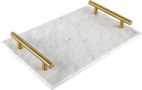 HighFree Marble Stone Decorative Tray, Handmade Nightstand Tray with Copper-Color Metal Handles for Counter, Vanity, Dresser, Nightstand and Desk (White) Nightstand Tray, Dresser Nightstand, Jewellery Tray, Towel Tray, Marble Board, Gold Tray, Vanity Dresser, Diy Marble, Catchall Tray