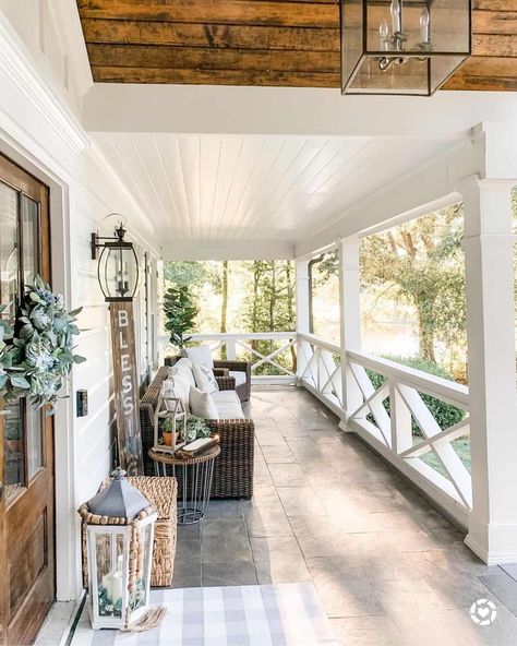 White Crisscross Front Porch Railing - Soul & Lane White Porch Railing, Front Porch With Stone, Porch Gable, Front Porch Stone, Modern Farmhouse Porch, Front Porch Railings, White Porch, Stone Tile Flooring, Porch Life