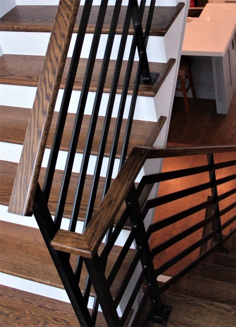 Metal Railings Stairs, Metal Wood Railing, Roof Top Railing Design, Ms Railing Design, Ms Railing, Ms Handrail Design, Wood And Metal Stair Railing, Metal Handrails For Stairs, Exterior Handrail