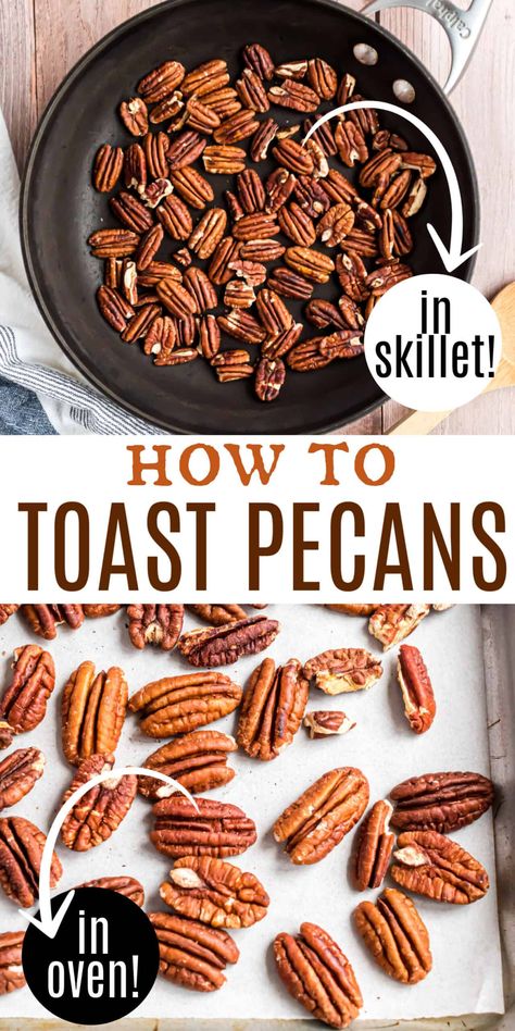 Learn how to toast pecans without burning them! Using the oven or the stove top, these methods produce pecans with a rich nutty flavor perfect for enhancing all kinds of recipes. Toasted Pecans Recipe, Roasted Pecans Recipe, Nut Dessert, Nut Butter Recipes, Cakes And Pies, Salted Nuts, Healthy Nuts, Nut Snacks, Roasted Pecans