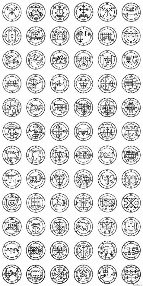 The seals of the 72 Spirits of the lesser Key of Solomon Angel Sigils, 72 Angels, Demon Symbols, Lesser Key Of Solomon, King Solomon Seals, Angelic Symbols, Key Of Solomon, Ceremonial Magick, Mystic Symbols