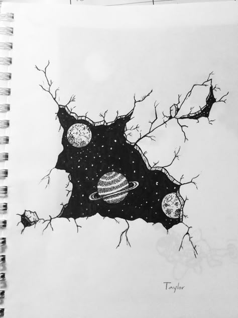 Space And Planets Drawing, Drawing Ideas Space Theme, Space Scene Drawing, Space Ink Art, Black And White Space Drawing, Lucid Dreaming Art Drawings, Space Sketch Ideas, Space Ink Drawing, Discover Drawing Ideas