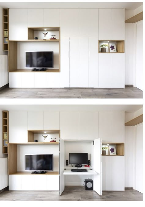 Hidden Desk In Living Room, Hidden Office In Living Room, Desk Wall Unit, Hidden Desk, Dj Room, Home Office Cabinets, Small Town Living, Built In Shelves Living Room, Living Room Built Ins