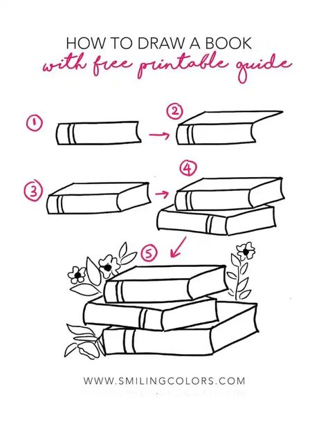 How To Draw A Book Step by Step + Printable - Smiling Colors Books Doodles Drawings, Draw A Book Step By Step, How To Draw A Stack Of Books Easy, How To Draw Books Easy, How To Draw Stacked Books, How To Draw Bookshelf, How To Draw A Book Easy, How To Draw A Bookshelf, Books Sketch Drawing