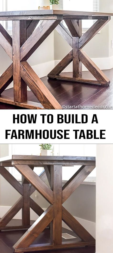 Love farmhouse tables, but dislike the price tag? Check out how to build this simple yet gorgeous DIY X frame farmhouse table under $100! Diy Farmhouse Table With Leaf, Farmhouse Dining Room Table Diy, Make Farmhouse Table, Homemade Farm Table, Farmhouse Table Diy Plans, Farmhouse Kitchen Table Plans, Diy Kitchen Table With Storage, How To Build A Table Base, Diy Farmhouse Table And Bench