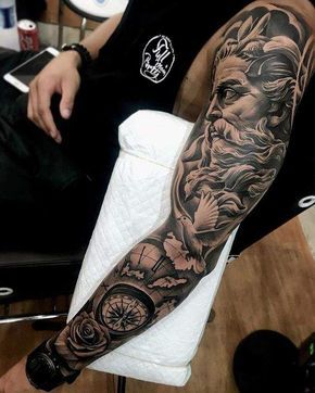 best sleeve tattoo Greek God Tattoo, Compass Rose Tattoo, Zeus Tattoo, Quarter Sleeve Tattoos, Rose Tattoo Sleeve, Tattoo Placements, Men Tattoos Arm Sleeve, God Tattoos, Greek Tattoos