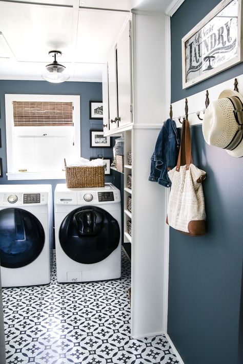 High Contrast Laundry Room Makeover Reveal - Bless'er House Laundry Room Paint, Laundry Room Decorating, Laundry Room Tile, Blue Laundry Rooms, Laundry Room Storage Shelves, Small Laundry Room Organization, Room Storage Diy, Farmhouse Laundry Room, Laundry Mudroom