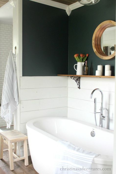 farmhouse bathroom paint colors Benjamin Moore salamander and white cotton Oversized Tub, Vintage Farmhouse Bathroom, French Country Bathroom, Rugs Green, Half Walls, Bad Inspiration, Soaker Tub, Country Bathroom, Ideas Hogar