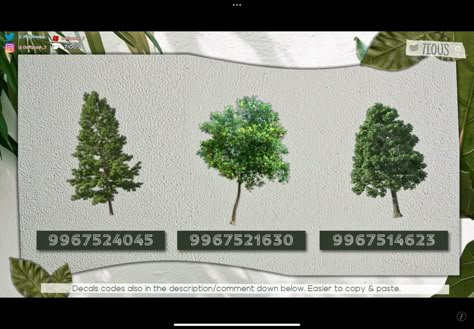 Trees Bloxburg Code, Tree Codes For Bloxburg, Bloxburg Custom Plants Decal, Decal Tree Bloxburg, Leaves Decals Bloxburg, Bloxburg Realistic Tree Codes, Bloxburg Realistic Tree Decal Codes, Realistic Tree Decals Bloxburg, Bloxburg Custom Trees