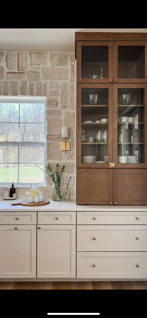 Sazan Hendrix Kitchen, Cabinet Towers In Kitchen, Neutral Cottage Kitchen, Tower Cabinets In Kitchen, Kitchen Cabinet Placement, Countertop Cabinets Kitchen, Built In Hutch Kitchen, Hill Country Kitchen, No Upper Cabinets Kitchen