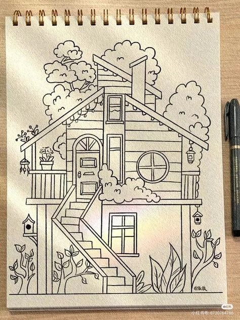 [𝑺𝒂𝒗𝒆 & 𝑭𝒐𝒍𝒍𝒐𝒘]~♡´･ᴗ･`♡ @1GreenHouse10 Creative House Drawing, Home Doodle, Drawing Dragon, Whimsical Art Journal, Drawing Step By Step, Meaningful Drawings, Drawing Step, Architecture Drawing Art, Easy Doodle Art