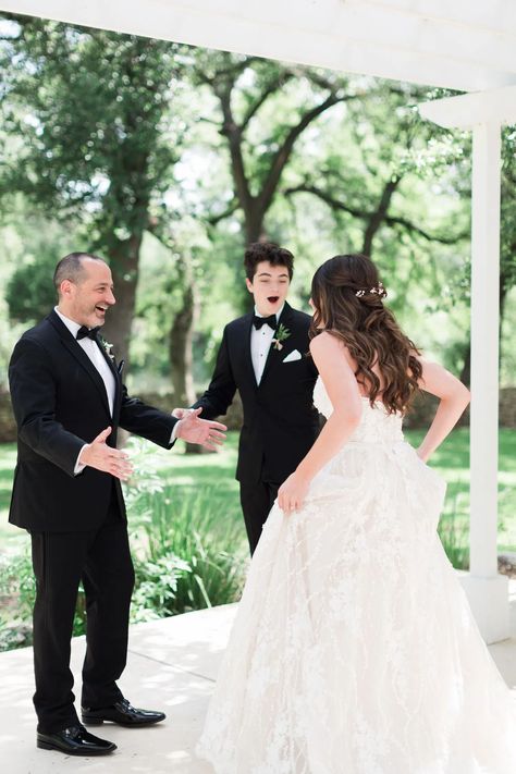 Father First Look Wedding, Father And Daughter Wedding Pictures, Father Daughter First Look Wedding, Father Daughter Wedding Pictures, Potted Plant Centerpieces, Father Daughter First Look, Father Daughter Wedding, Addison Grove, First Look With Dad