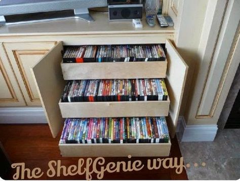 Dvd Storage Solutions, Organize Dvds, Dvd Storage Ideas, Diy Dvd Storage, Movie Storage, Dvd Storage Shelves, Diy Dvd, Entertainment Center Ideas, Dvd Shelves