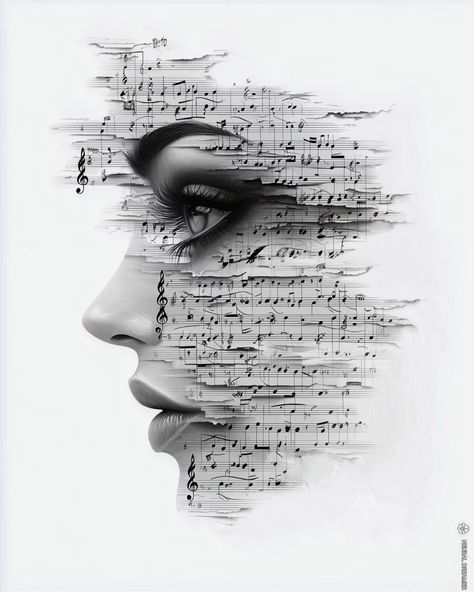 Immerse in the harmony of art and music with this painting: a woman's face beautifully fused with a music sheet, where portrait and notes blend seamlessly, creating a poetic masterpiece. 🎶🎨 #music #portrait #harmonious #melodic #artisticexpression #visualsymphony #creative #art #aiartcommunity #digitalportrait #neuraldreamer Art Inspired By Music, 2025 Photo, Music Portrait, Instruments Art, Personal Investigation, Photo Music, Art And Literature, Band Art, Art And Music