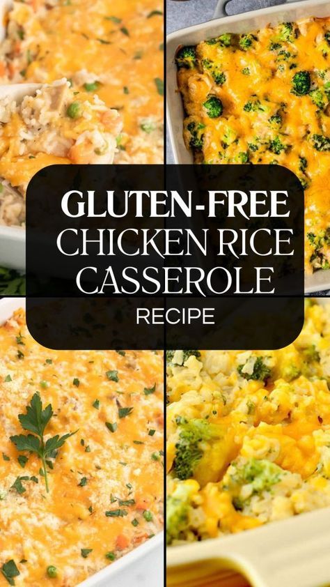 Enjoy a comforting and healthy meal with this gluten-free chicken rice casserole recipe. Packed with tender chicken, fresh vegetables, and creamy cheese, this casserole is a delicious and satisfying dish for any occasion. Save this pin to get the full recipe and make a hearty, gluten-free dinner that the whole family will love. Gluten Free Chicken And Rice Casserole, Gluten Free Chicken Casserole Recipes, Gluten Free Chicken Casserole, Gluten Free Casserole Recipes, Chicken Rice Casserole Recipes, Gluten Free Casserole, Gluten Free Chicken Recipes, Gluten Free Dinners, Chicken Rice Casserole