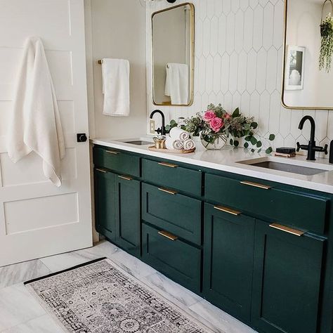 Green Paint Colors 2020 - Interiors By Color. Benjamin Moore Essex Green paint color Green Cabinets Bathroom, Emerald Green Bathroom, Dark Green Bathrooms, Green Bathroom Vanity, Green Vanity, Green Cabinets, Upstairs Bathrooms, Green Bathroom, Bathroom Redo