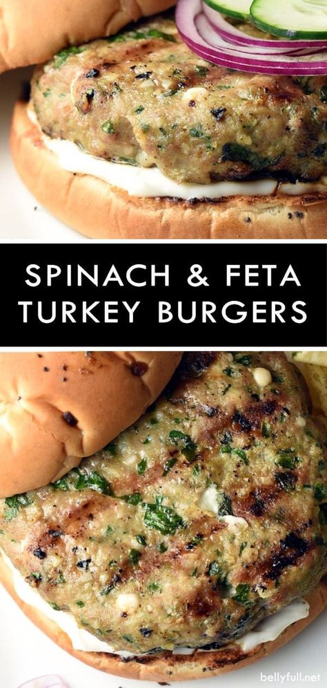 Burgers feta, épinards et dinde Turkey Burger Recipes, Turkey Dishes, Turkey Burger, Ground Turkey Recipes, Turkey Burgers, Spinach And Feta, Idee Pasto Sano, Mediterranean Diet Recipes, Burger Recipes